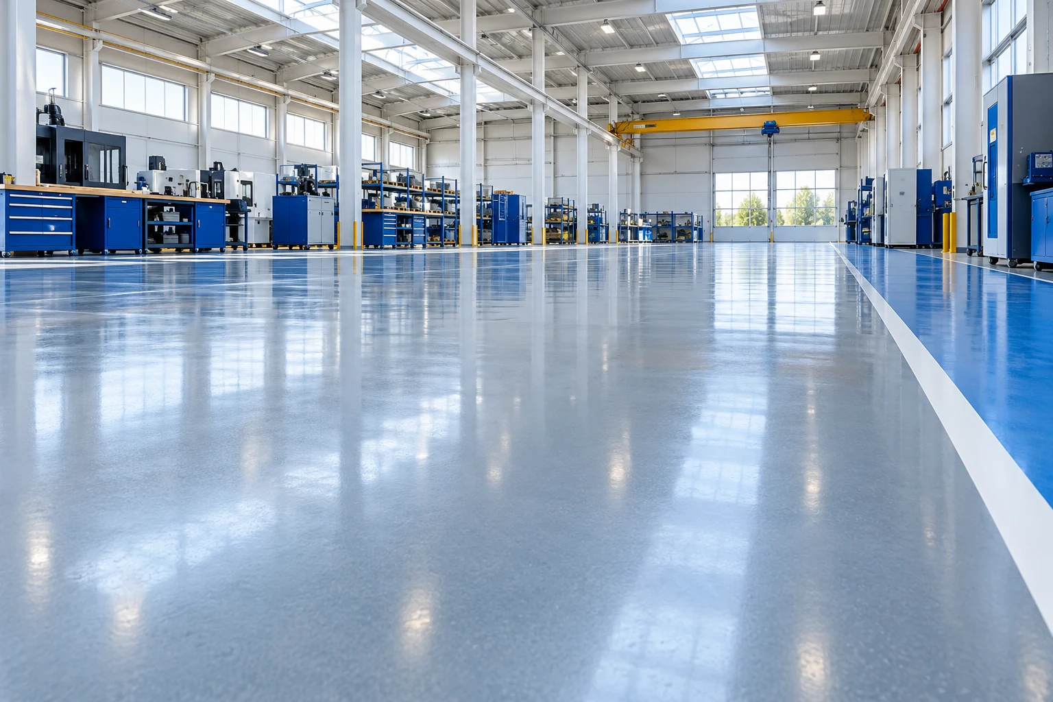 Modern industrial interior with a smooth blue-grey epoxy floor